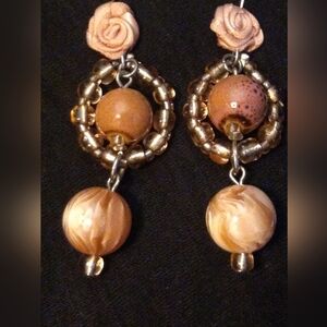 Vintage Glass Beads Pink Fabric Flower Dangle Pierced Earrings